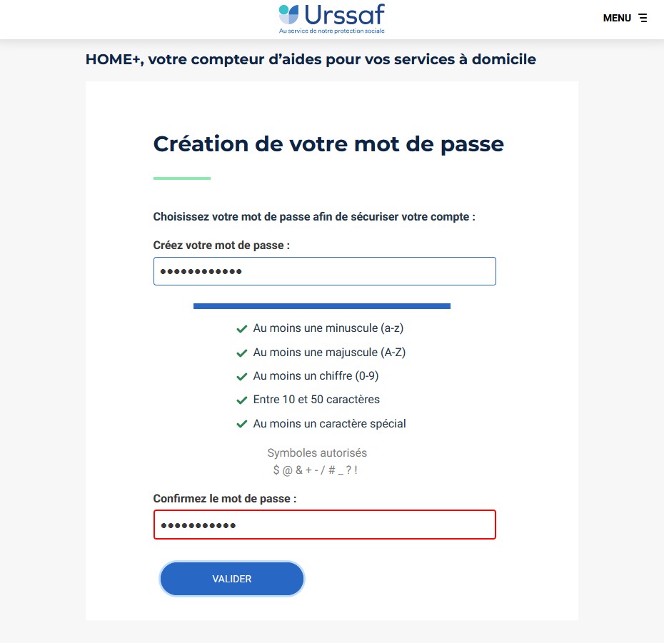 Site Home+ Creation mot de passe